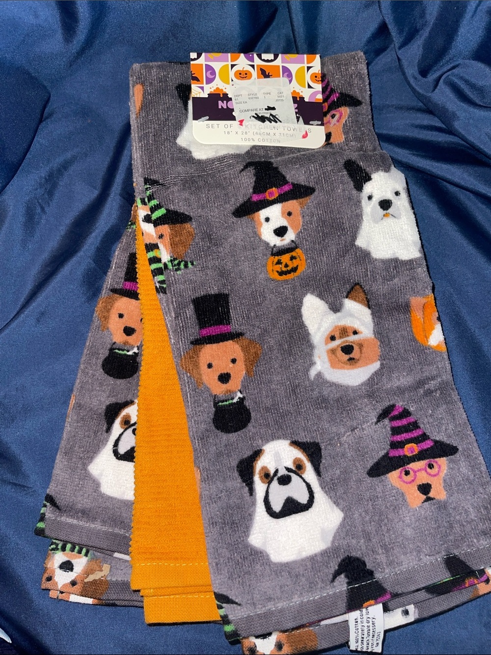 3 Pack Halloween Theme Dog Print Kitchen Towels - Gray & Orange